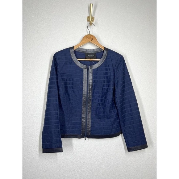 Lafayette 148 Womens 10 Linen Textured Jacket Vegan Leather Trim - Picture 1 of 6